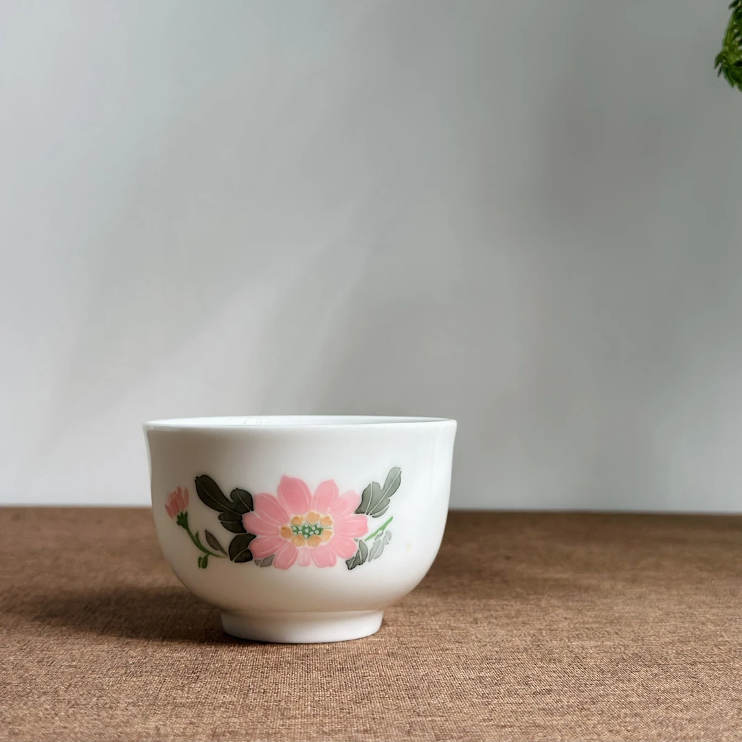 醴陵群力老瓷器釉下五彩手绘红菊花样品功夫茶杯主人杯收藏