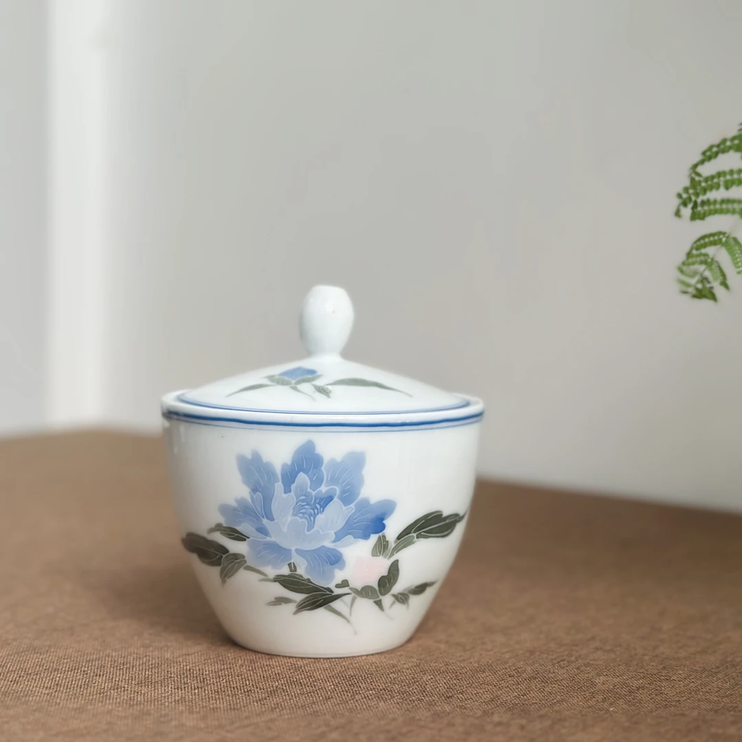 醴陵群力老瓷器钻石款大球泥手绘兰牡丹茶叶罐收藏