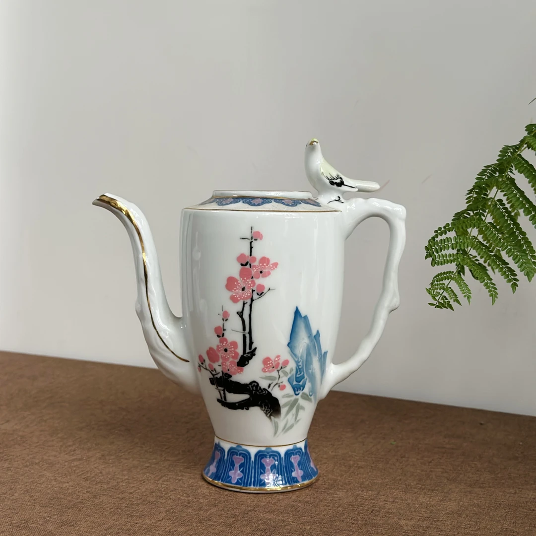 醴陵永胜老瓷器釉下五彩大球泥手绘鸟鸣壶口有点飞皮