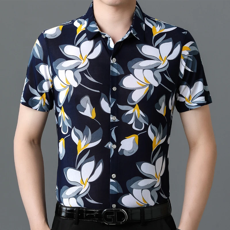 夏季中年男士大码半袖衬衫免烫冰丝提花短袖衬衣休闲烫金男装薄款