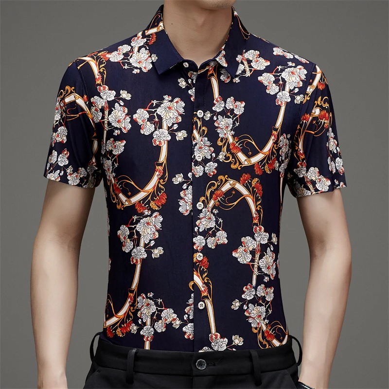 夏季男士短袖花衬衫印花休闲冰丝宽松大码衬衣百搭免烫弹力半袖