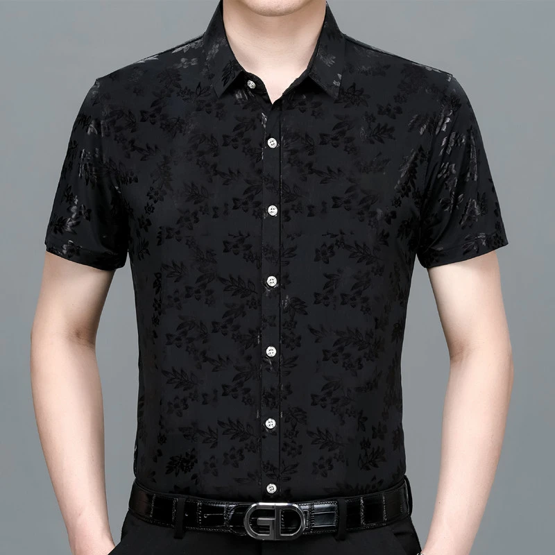 夏中年度假短袖冰丝大码印花衬衫免烫半袖爸爸装提货衬衣休闲
