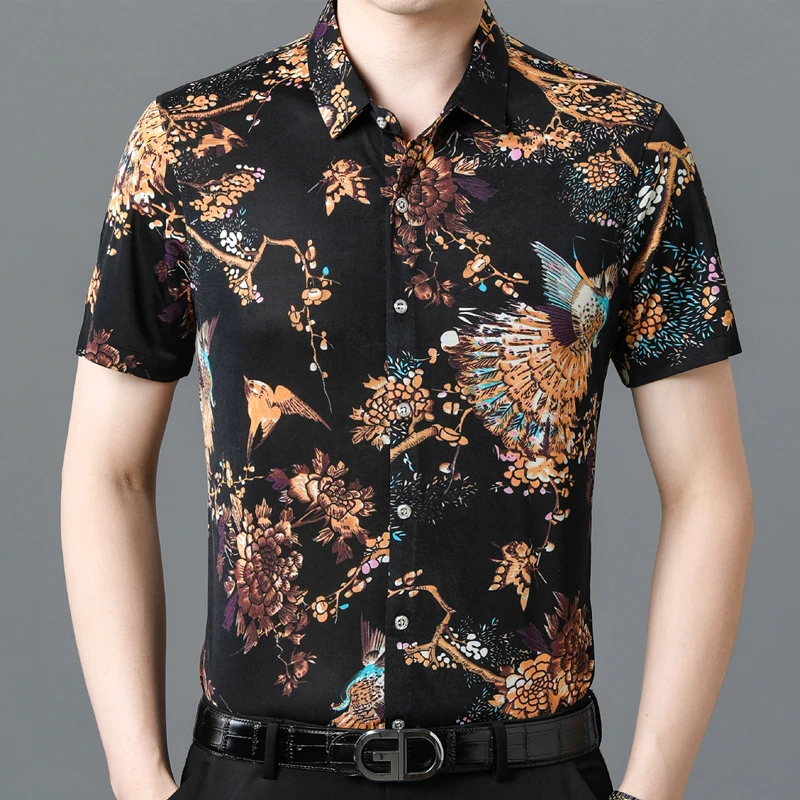 554中年男士大码半袖衬衫免烫冰丝提花短袖衬衣休闲碎花爸爸装