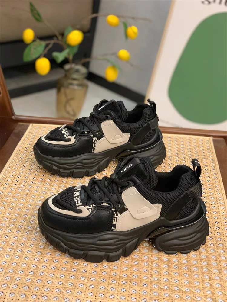 45090 老爹鞋秋季百搭黑色运动系带厚底显脚小跑步鞋