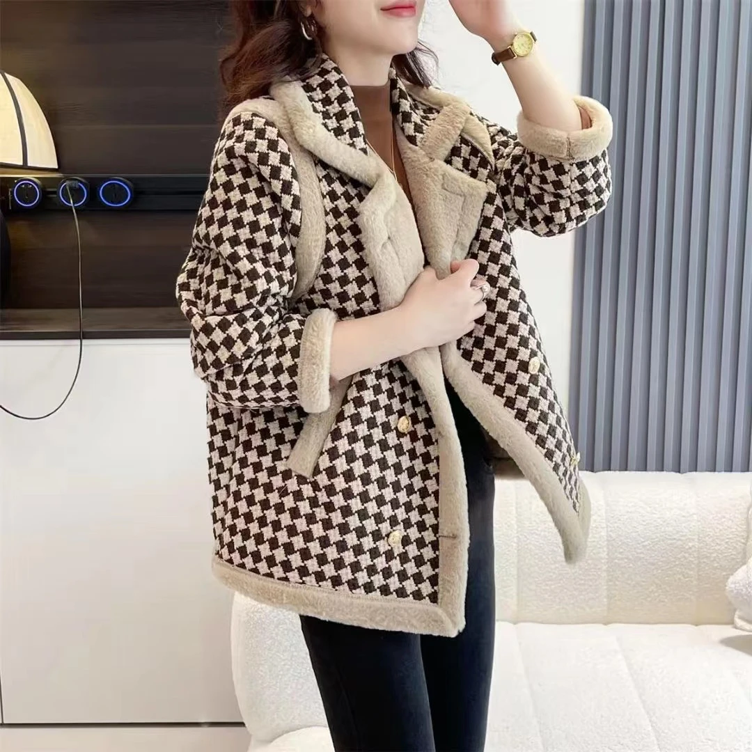 秋冬女款大码洋气显瘦宽松加绒加厚千鸟格格子保暖气质外套 休闲