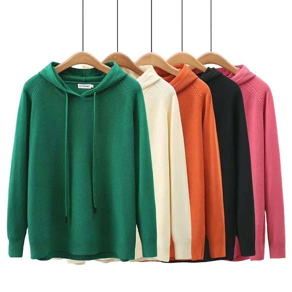 2025新春秋冬季大码女款110-200斤穿 宽松百搭弹力针织衫连帽纯色