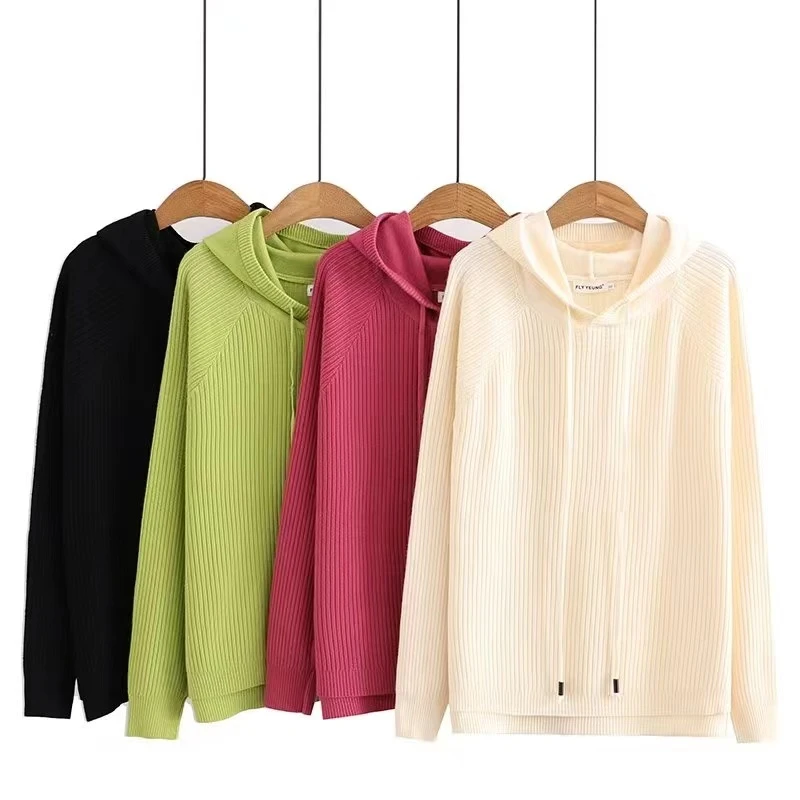 春秋季胖MM大码弹力连帽套头针织衫 女休闲纯色百搭宽松打底衫