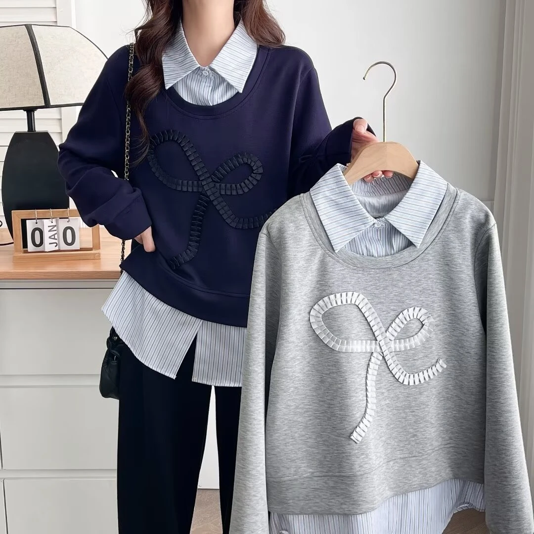 春秋女款大码洋气显瘦宽松百搭遮肉假两件拼接长袖卫衣 减龄