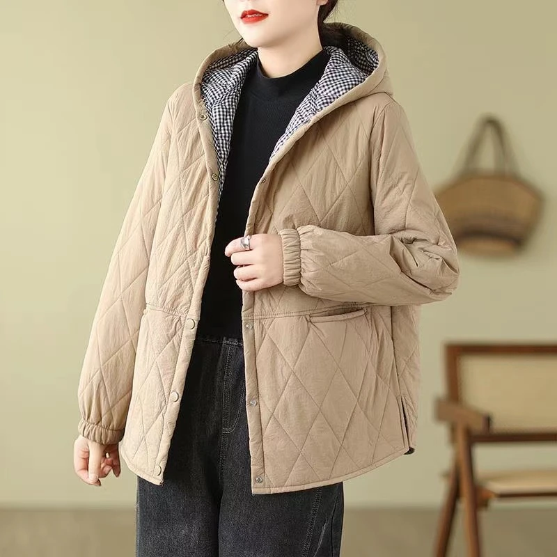 春秋冬大码205斤轻薄款棉服 女宽松显瘦菱形格洋气纯色连帽棉衣