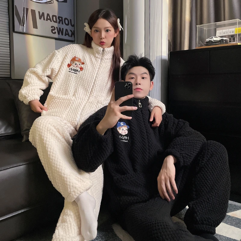 情侣睡衣女秋冬季珊瑚绒加绒加厚高级感法兰绒冬天男士家居服套装