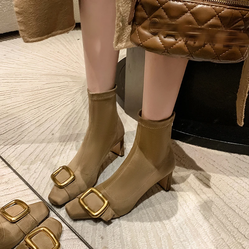 跟高6.5cm/34-39/新款金属扣百搭秋冬粗跟高跟方头弹力瘦瘦短靴女