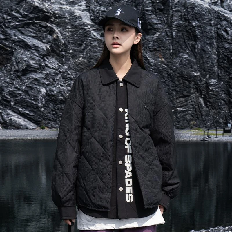 AOGZ菱格绗缝羽绒服男女冬季假两件美式情侣翻领白鸭绒工装外套潮