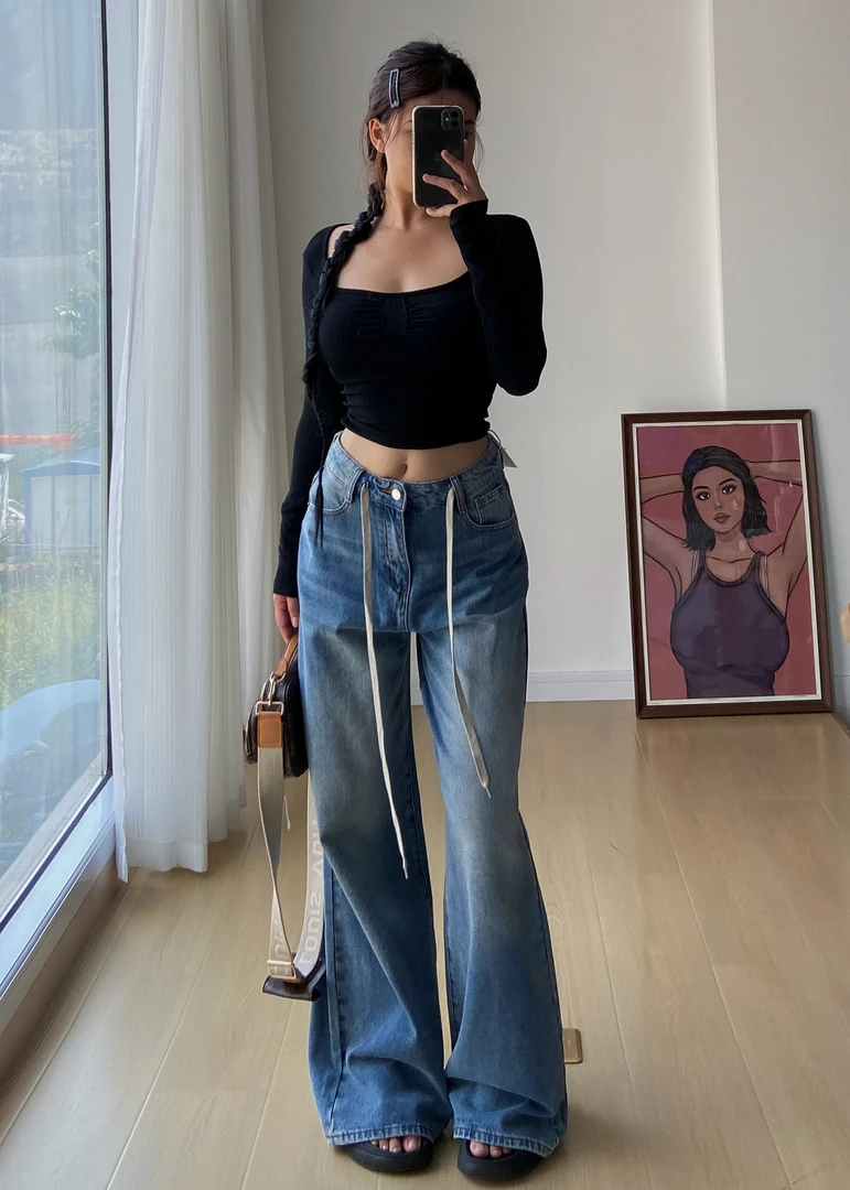 WUDASHEN 阔腿裤来袭 绳子绑带直筒显瘦显腿直牛仔裤 百搭款