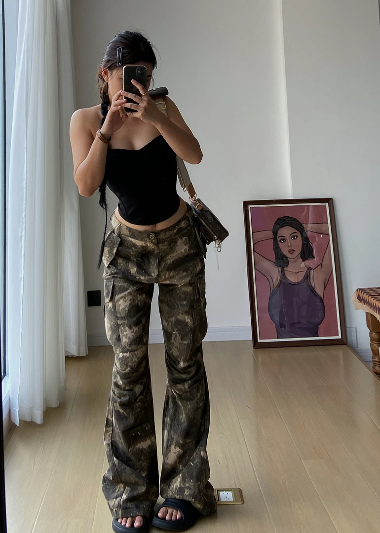 【5折清】高腰街头美式风版型超正的迷彩直筒裤 长度够的