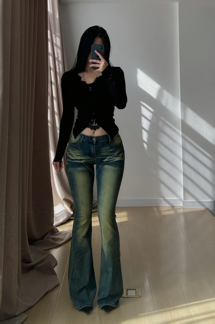 【5折清】“卖完绝版没了”中腰黄色水洗紧身喇叭裤牛仔裤2266