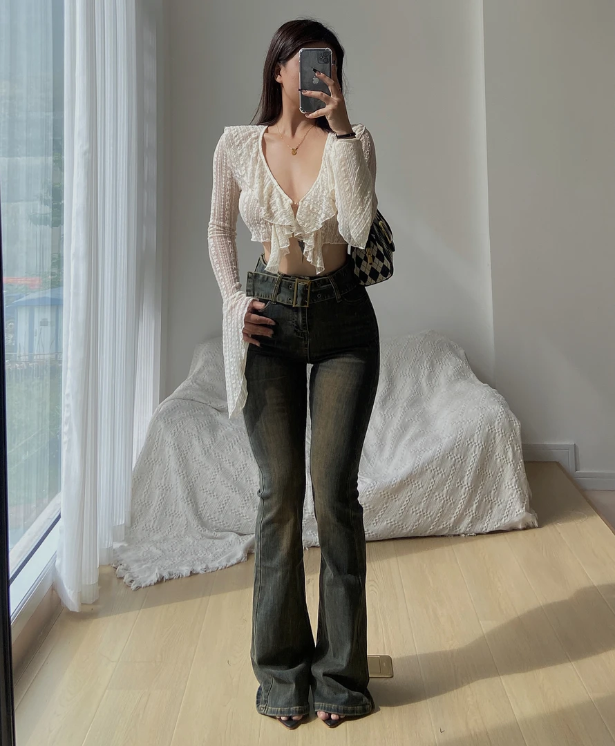 WUDASHEN 腰长选手的裤子超高腰腰带设计款弹力陈旧喇叭牛仔裤