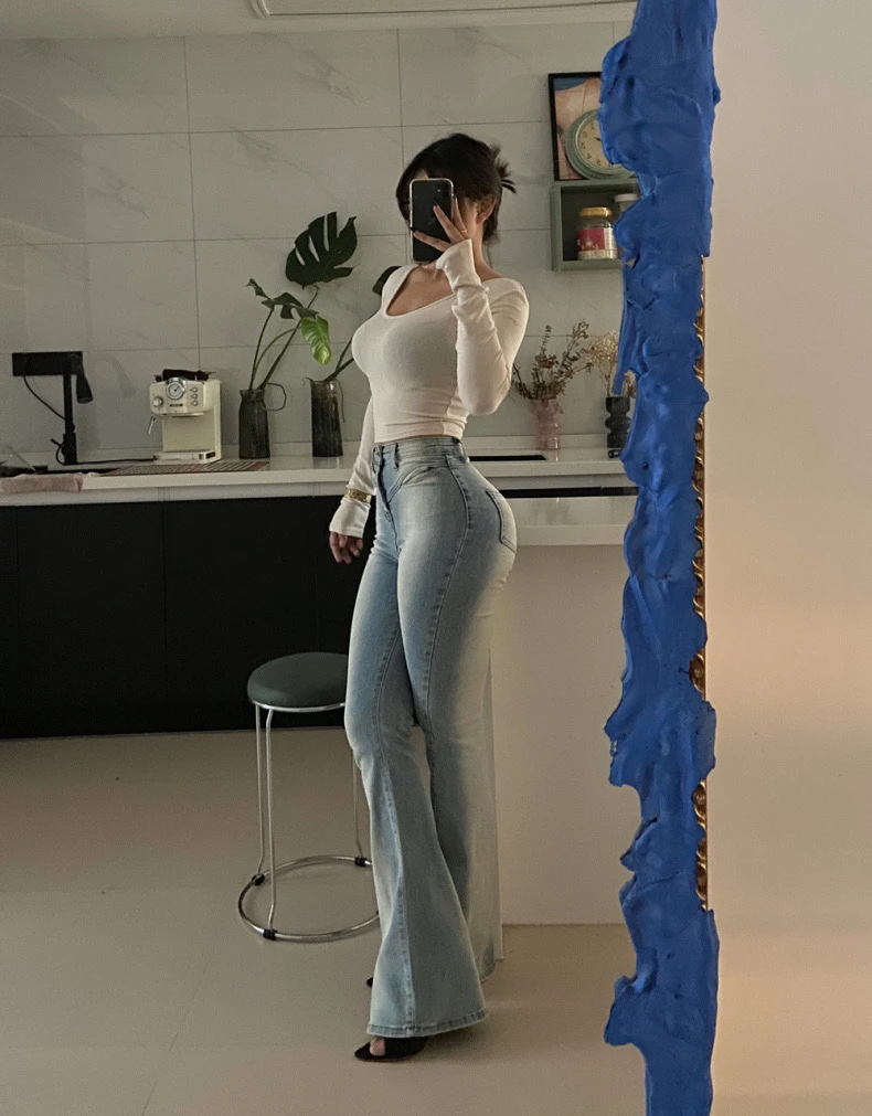 【你伍老板娘】牛仔磨白撞色微喇裤弹力高腰显瘦修身性感欧美辣妹女