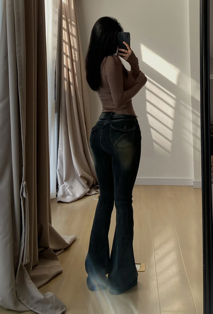 【你伍老板娘】“腿精密码”复古大口袋做旧高腰弹力牛仔喇叭裤2521