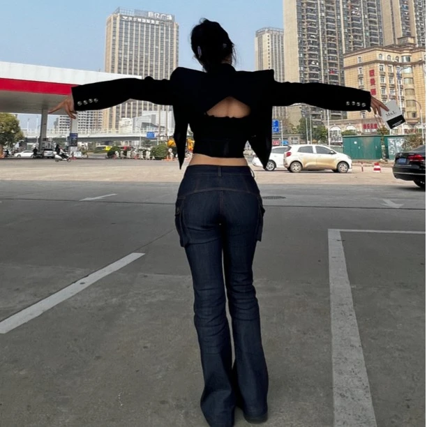 WUDASHEN 加油站机车牛仔裤中高腰直筒微喇叭怎么搭配都是绝的