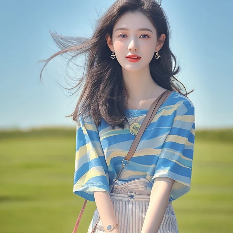 夏季韩系chic洋气独特别致漂亮上衣宽松百搭显瘦蓝色条纹T恤女