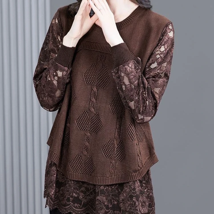 2023春季中年妈妈洋气时尚拼接宽松百搭圆领长袖打底甜美线拼接衫