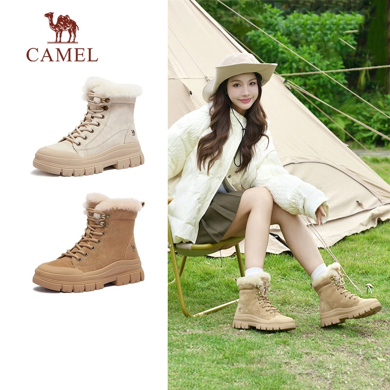 骆驼女鞋2024冬季新款厚底加绒雪地靴女款户外登山马丁靴东北棉鞋