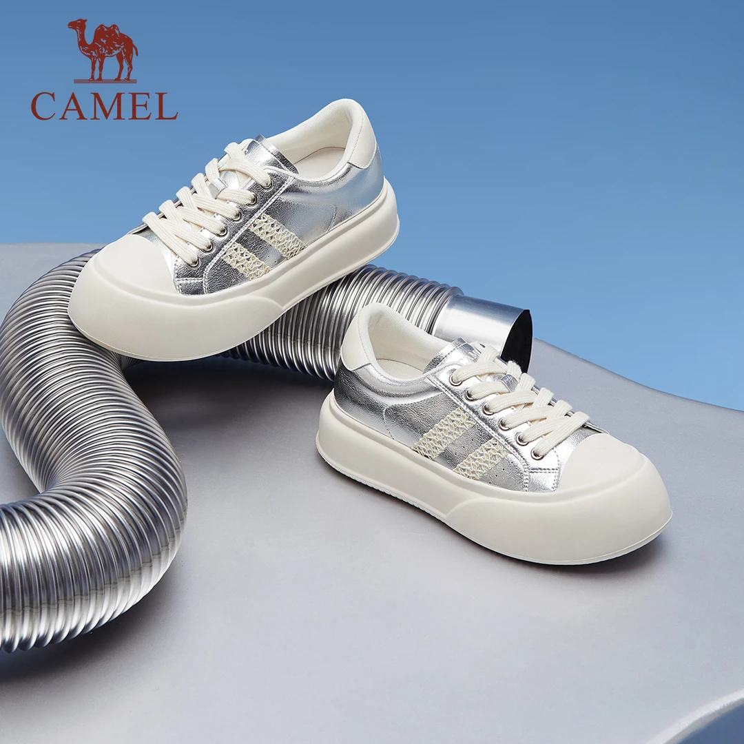 骆驼女鞋2024秋冬新款圆头百搭拼色小白鞋女厚底增高休闲运动板鞋