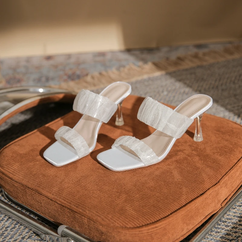 【AINER-CAT】70203 凉鞋女细跟2023年绸缎网纱凉拖鞋高跟女鞋