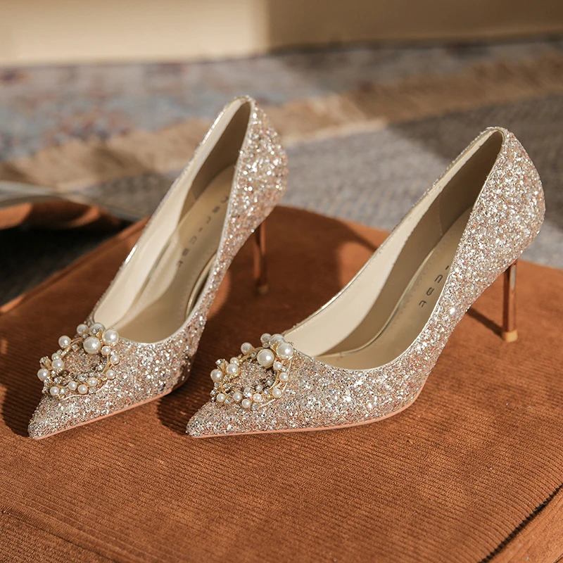 【AINER-CAT】819-7 高跟鞋女细跟2023年新款尖头方扣水钻单鞋气质