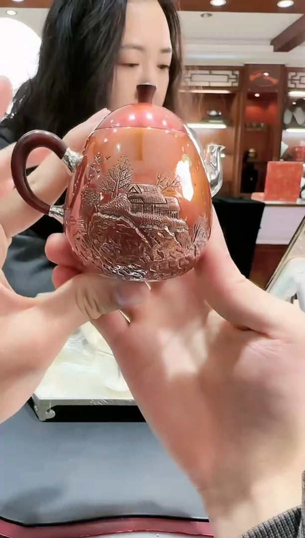 【闪购商品】足银999铜包银山水人家龙蛋小泡壶