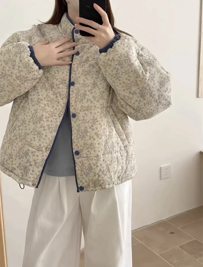 新款日系复古小碎花灯芯绒立领撞色宽松棉衣保暖外套