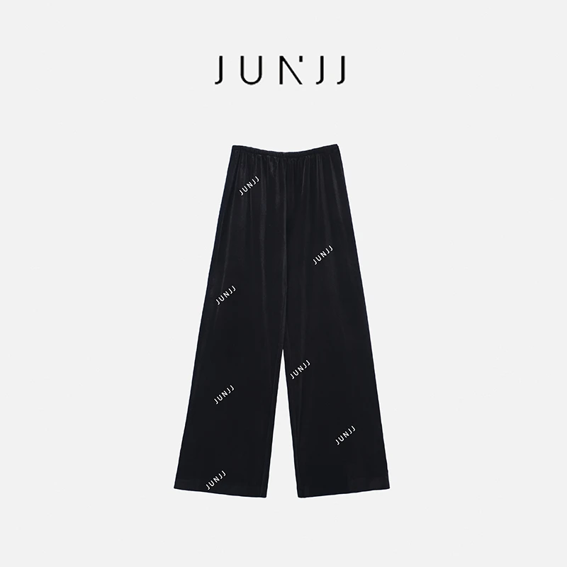 JUNJJ【必备丝绒裤】丝绒阔腿裤女秋高腰垂感黑色裤宽松直筒休闲裤