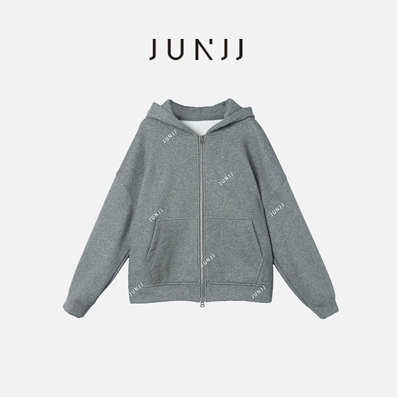 JUNJJ【美式卫衣】杨幂同款连帽灰色细闪拉链卫衣女外套oversize
