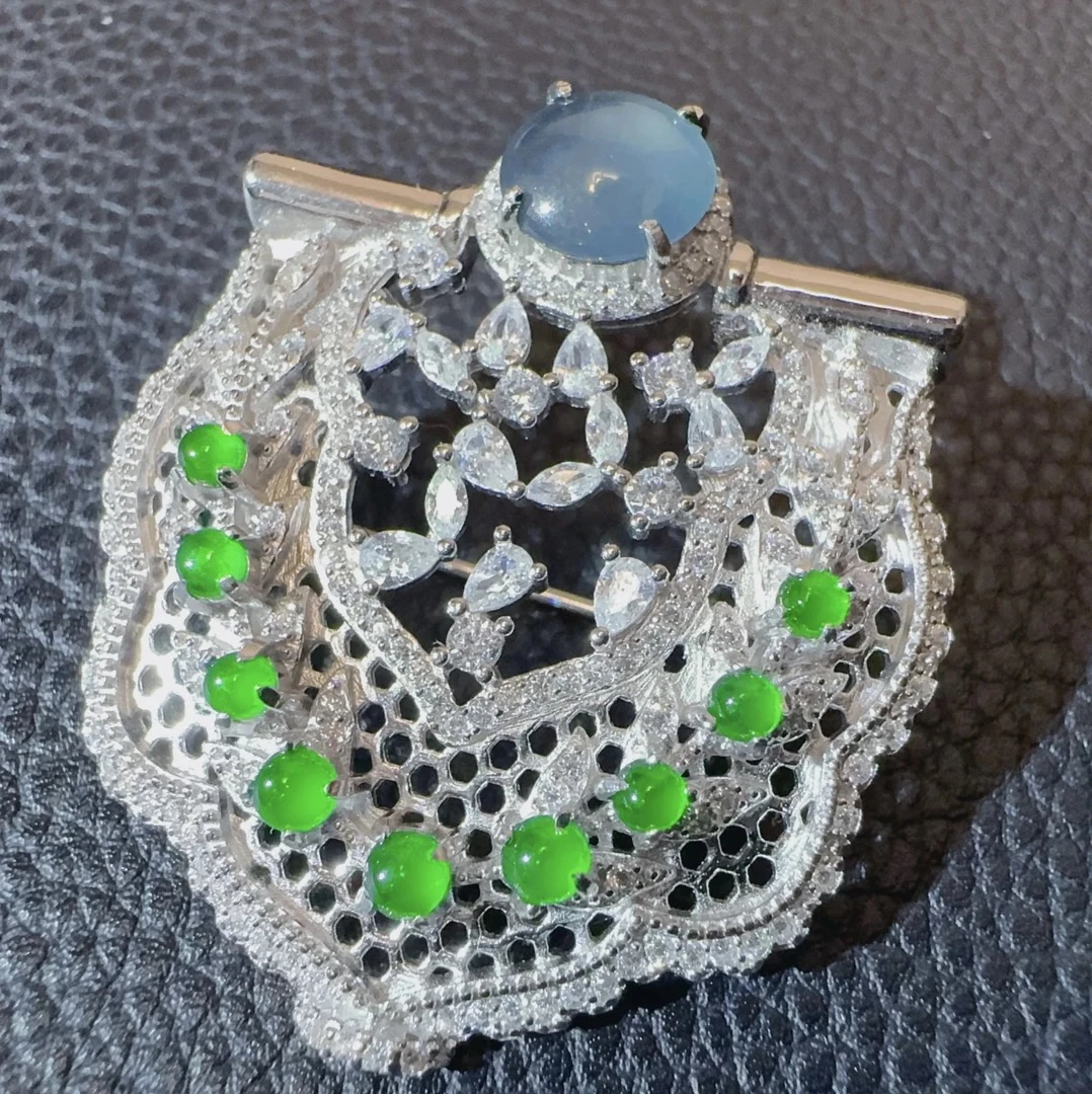 【新款胸针】天然A货翡翠阳绿蛋面吊坠胸针领夹高级质感0480