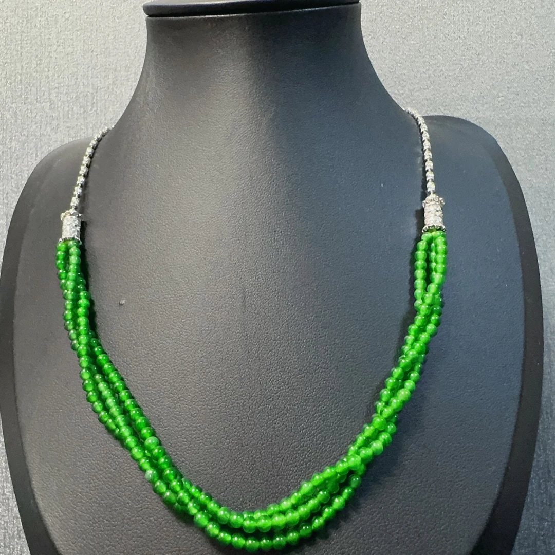 天然a货翡翠3mm小米珠小米辣两用款手链s925晚装链项链银复古手作