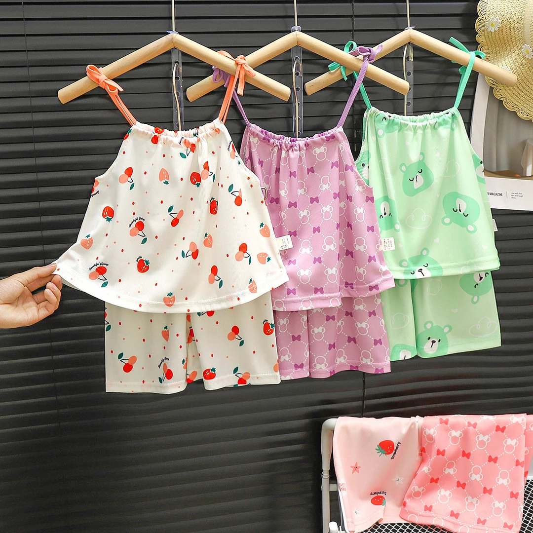 女童套装2024新款夏季儿童吊带清凉小童冰丝无袖背心度假风两件套
