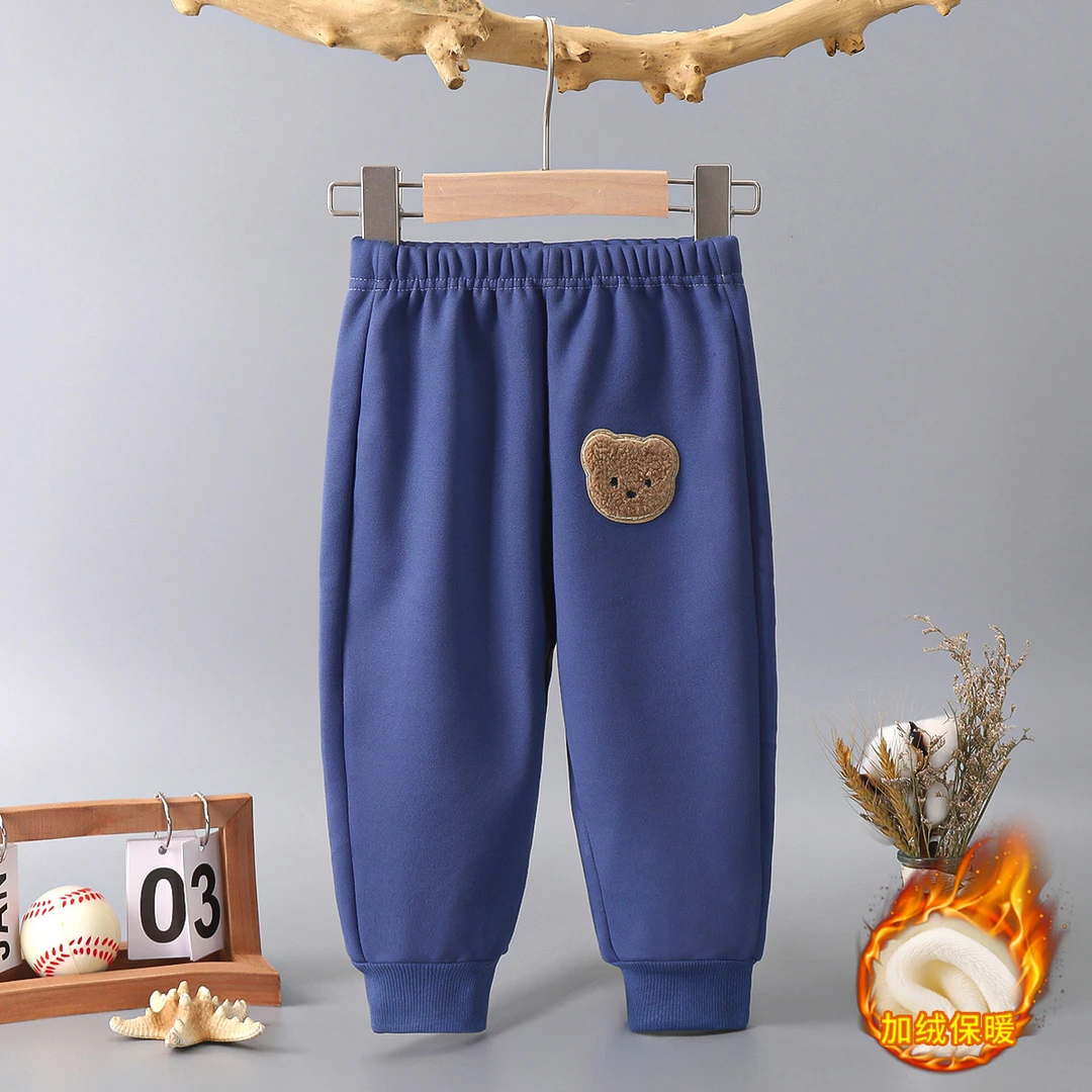 秋冬新款纯色时尚卡通男女儿童洋气加厚长裤中小童外穿冬季保暖裤