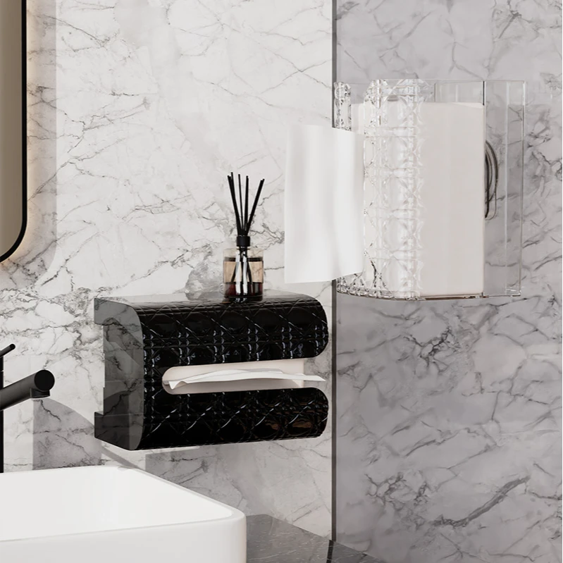 家用卡扣吸盘格纹纸巾盒免打孔壁挂式卫生间抽纸盒洗脸巾收纳盒