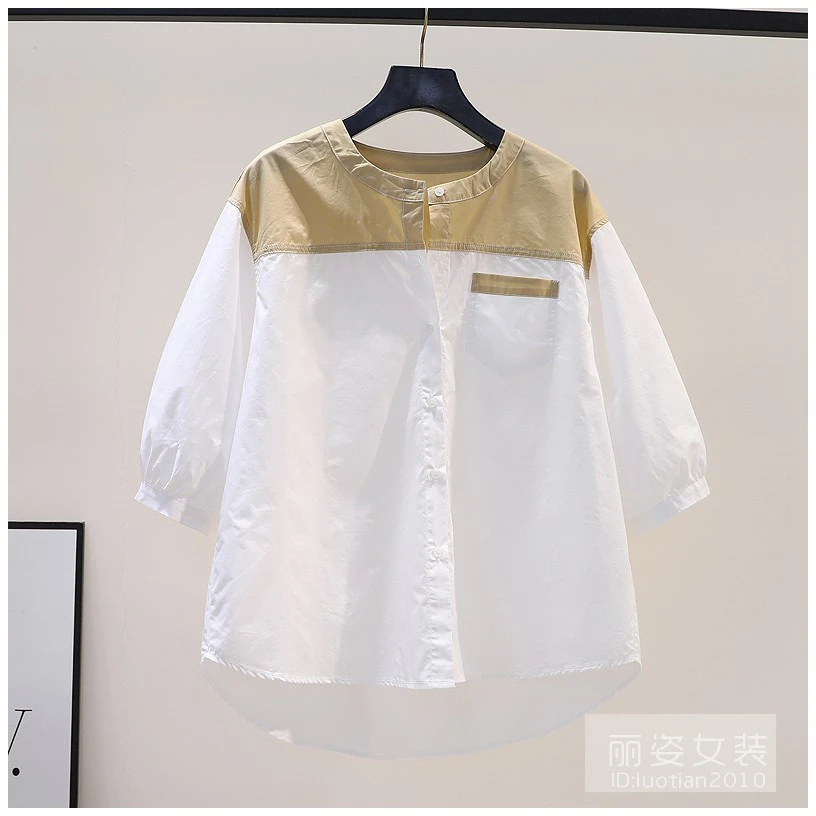 圆领棉衬衫女夏季新款时尚休闲设计感小众拼色七分袖百搭衬衣上衣