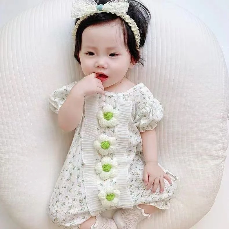 婴儿连体衣夏季外出服女宝宝夏装薄款透气碎花哈衣超萌公主风爬服