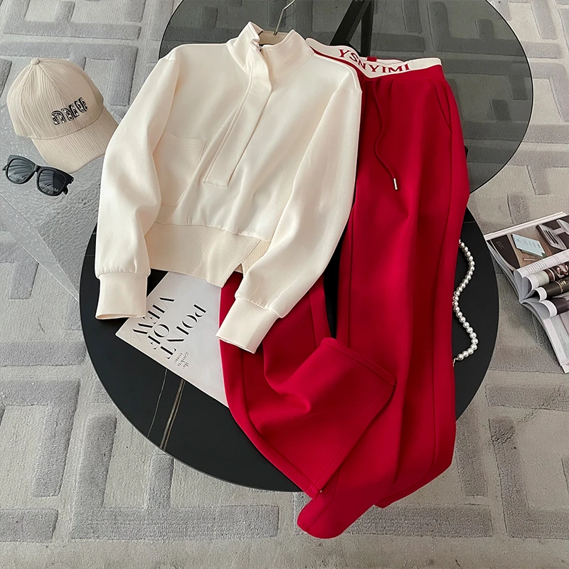 韩版时尚气质套装女春季新款修身显瘦拼接口袋短款卫衣卫裤两件套