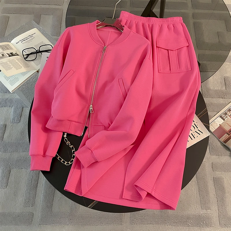 薏丝妮港风时尚休闲套装裙女秋季玫红色开衫卫衣开叉半身裙两件套