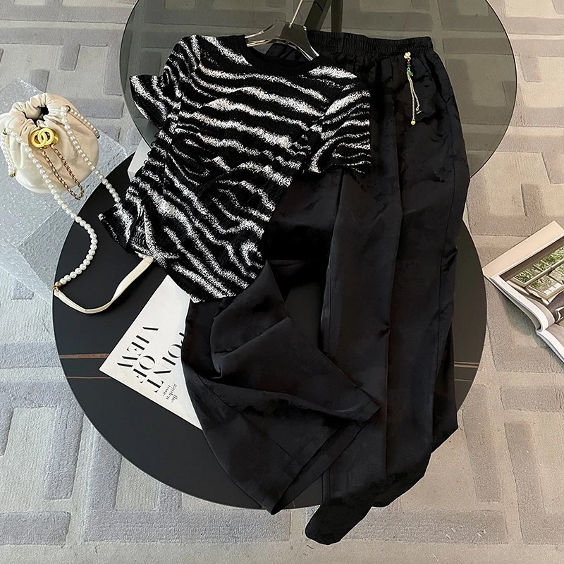 薏丝妮时尚斑马纹短袖上衣套装女夏显瘦气质提花黑色阔腿裤两件套