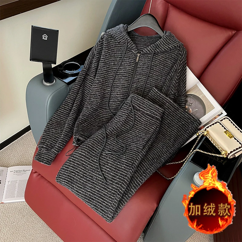 网红爆款休闲时尚套装女秋冬款韩风chic条纹宽松外套阔腿裤两件套