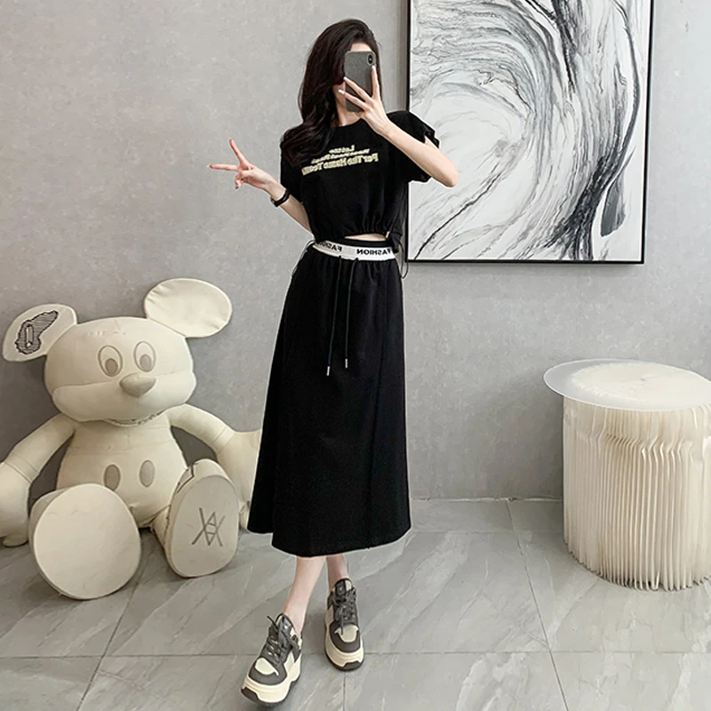 休闲运动套装裙子女夏新款潮流修身显瘦字母印花短袖半身裙两件套