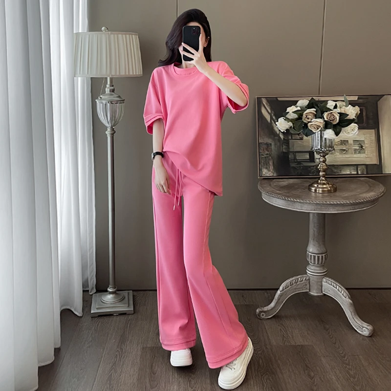 薏丝妮欧货时尚休闲运动套装女夏慵懒风宽松T恤喇叭裤两件套潮流