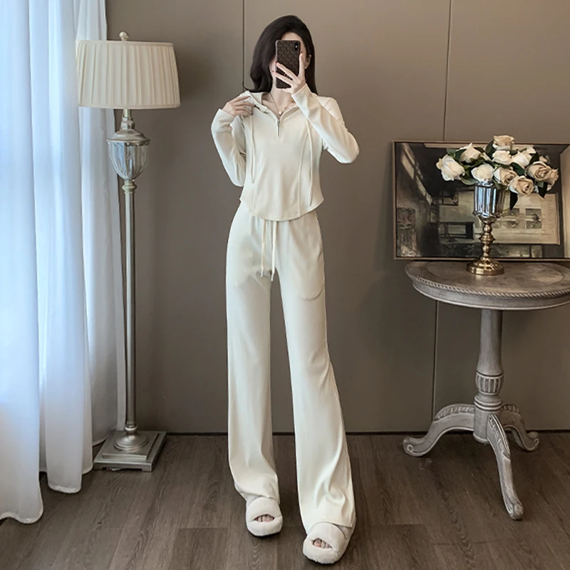 休闲套装女春季新款长袖收腰显瘦连帽卫衣阔腿卫裤两件套时尚百搭