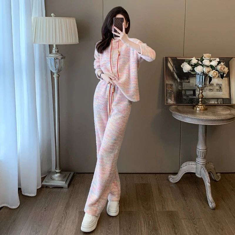 慵懒风休闲运动套装女春季新款宽松潮流连帽卫衣高腰阔腿裤两件套