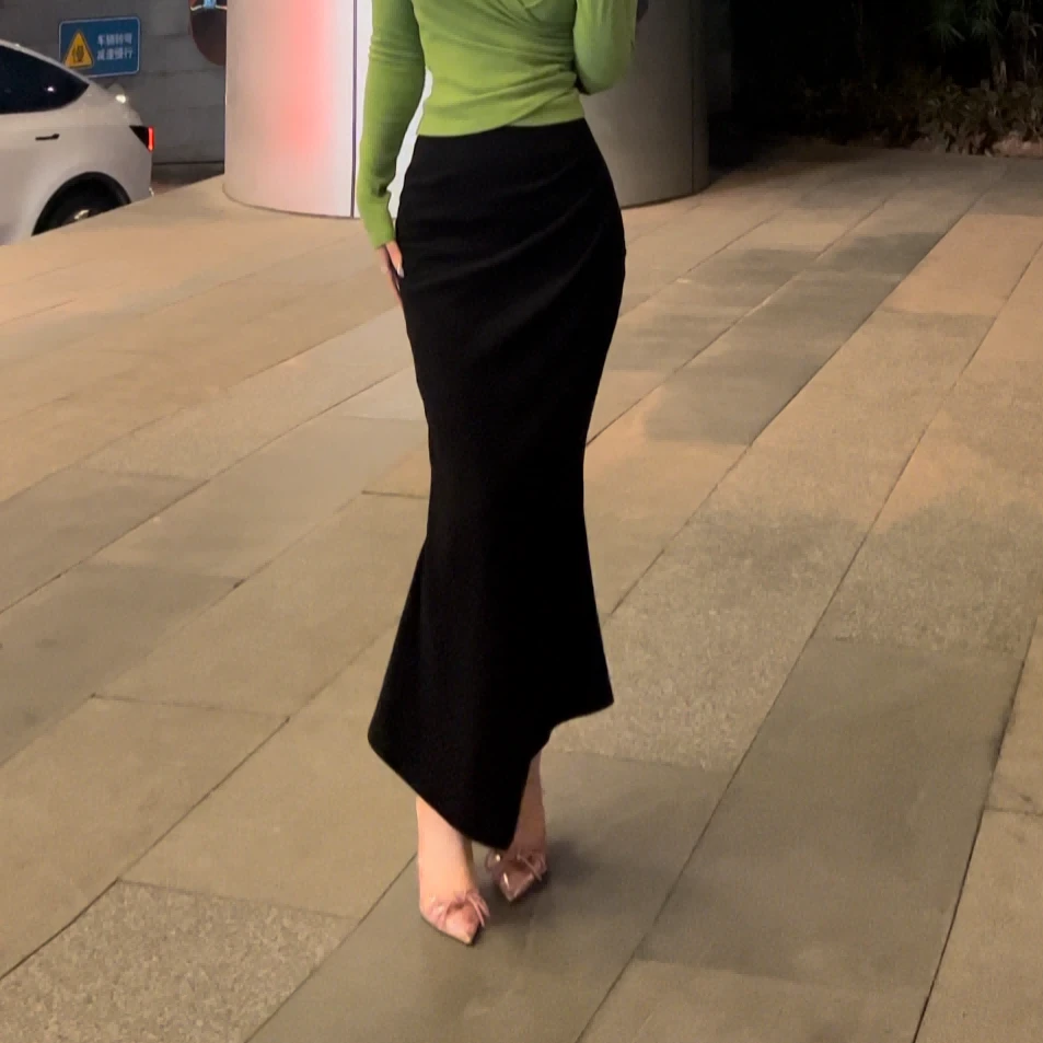 秋冬舒适百搭简约纯色半身裙拉链气质中长裙鱼尾裙优雅不规则裙子