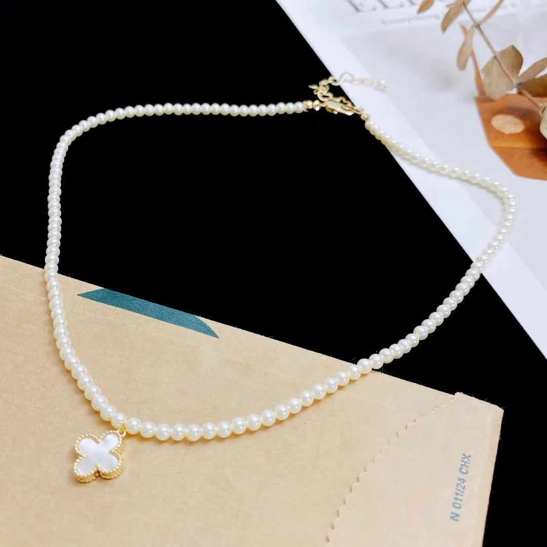 锌合金仿珍珠吊坠 V家 珍珠白贝四叶草吊坠项链